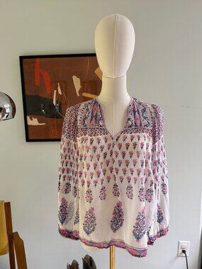 Vintage Indian Cotton Gauze Pink Blue Floral Block Print Peasant Blouse AS-IS